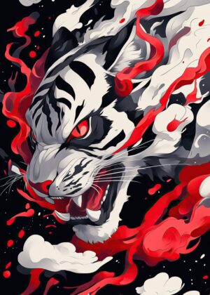 The Spirit of the Tiger: Fierce Beauty in Red and Black - Premium Wooden Framed Poster. Ready to Hang.