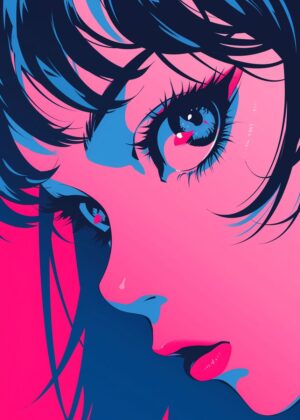 Anime Girl Close-Up: Vibrant Pink and Blue Digital Art Print - Premium Wooden Framed Poster. Ready to Hang.