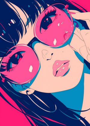 Anime Girl with Pink Sunglasses: Vibrant Pop Art Style - Premium Wooden Framed Poster. Ready to Hang.