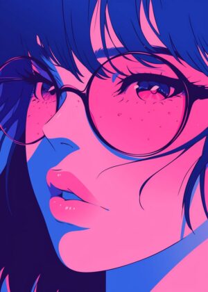 Cyberpunk Anime Girl with Glasses: Vivid Art Print - Premium Wooden Framed Poster. Ready to Hang.