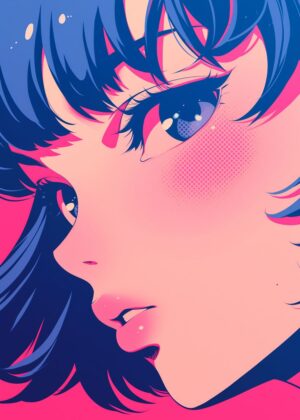 Anime Girl Close-Up: Vibrant Pink and Blue Illustration - Premium Wooden Framed Poster. Ready to Hang.