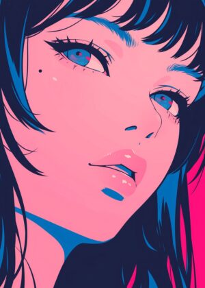 Anime Girl Portrait: Vibrant Pink and Blue - Premium Wooden Framed Poster. Ready to Hang.
