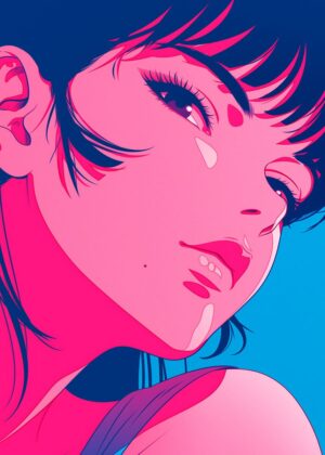 Vibrant Anime Girl Portrait: A Pop Art Masterpiece - Premium Wooden Framed Poster. Ready to Hang.