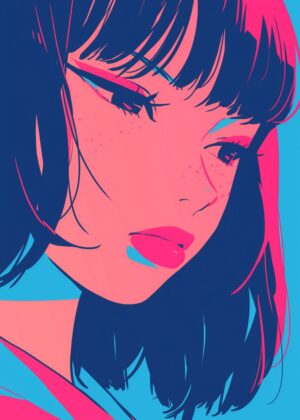 Anime Girl Portrait: Vibrant Pink and Blue Art Print - Premium Wooden Framed Poster. Ready to Hang.