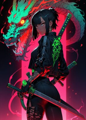 Cyberpunk Dragon Warrior: Digital Art Print - Premium Wooden Framed Poster. Ready to Hang.