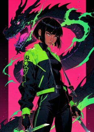 Cyberpunk Dragon Girl: Neon Dreams - Premium Wooden Framed Poster. Ready to Hang.