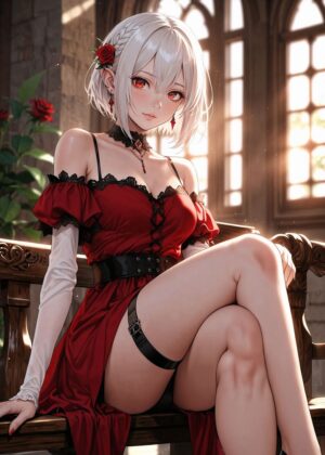 Anime Girl in Red Dress: Elegant and Enchanting Artwork - Premium Wooden Framed Poster. Ready to Hang.
