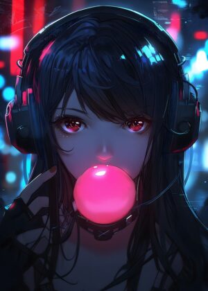 Anime Girl Blowing Bubble Gum in Neon Cityscape - Premium Wooden Framed Poster. Ready to Hang.