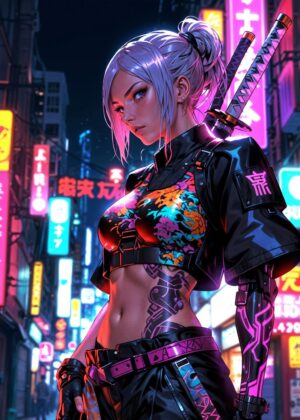 Cyberpunk Samurai Girl: Neon Nights - Premium Wooden Framed Poster. Ready to Hang.