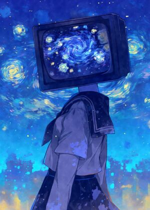 TV Head Girl in a Starry Night - Premium Wooden Framed Poster. Ready to Hang.