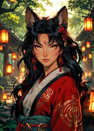 Kitsune Girl in Red Kimono: Digital Art Print - Premium Wooden Framed Poster. Ready to Hang.
