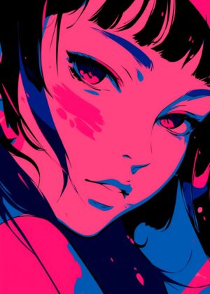 Vibrant Anime Girl Art Print: Bold Colors and Striking Style - Premium Wooden Framed Poster. Ready to Hang.