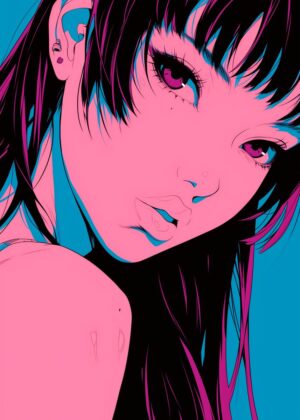 Vibrant Anime Girl Portrait: Bold Colors and Striking Style - Premium Wooden Framed Poster. Ready to Hang.