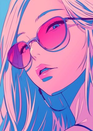 Anime Girl with Sunglasses: Vibrant Retro Art Print - Premium Wooden Framed Poster. Ready to Hang.