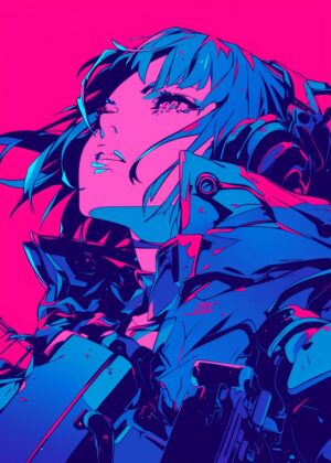 Cyberpunk Anime Girl: Neon Dreams - Premium Wooden Framed Poster. Ready to Hang.