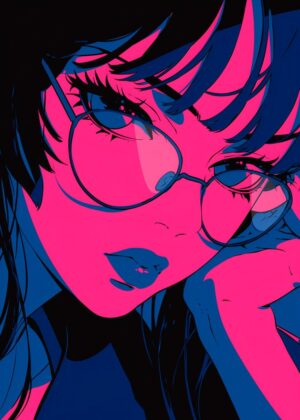 Anime Girl with Glasses: Neon Pink and Blue Art Print - Premium Wooden Framed Poster. Ready to Hang.