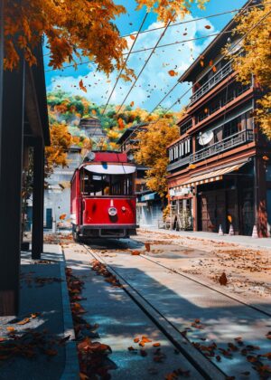 Autumn Tram Ride in a Japanese City - Premium Wooden Framed Poster. Ready to Hang.