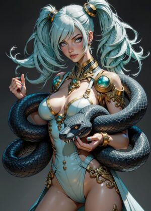 Serpentine Beauty: A Digital Painting of an Enchanting Woman - Premium Wooden Framed Poster. Ready to Hang.