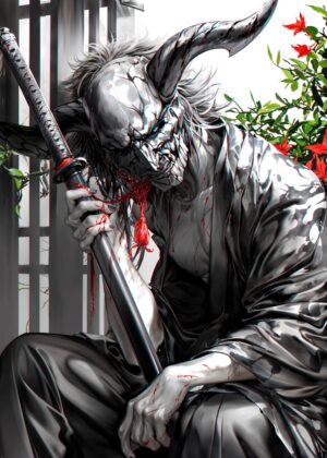 Samurai Oni: A Digital Painting of a Bloody Demon Warrior - Premium Wooden Framed Poster. Ready to Hang.