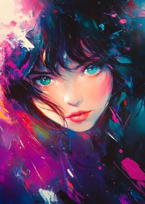Vibrant Anime Girl Portrait: A Burst of Color and Emotion - Premium Wooden Framed Poster. Ready to Hang.