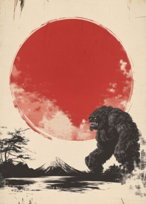 Japanese Yokai Monster Art Print: Rising Sun Terror - Premium Wooden Framed Poster. Ready to Hang.