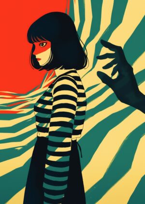 Striped Girl and Approaching Hand: A Bold Art Print - Premium Wooden Framed Poster. Ready to Hang.