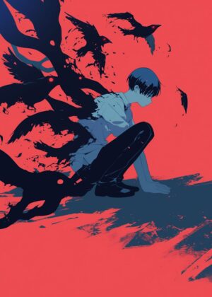 Anime Boy and Crows: A Dark Fantasy Illustration - Premium Wooden Framed Poster. Ready to Hang.
