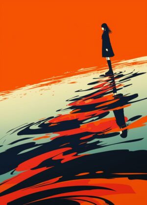 Silhouette in Red: A Melancholic Reflection - Premium Wooden Framed Poster. Ready to Hang.