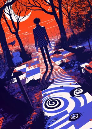 Silhouette in a Psychedelic Forest: A Surreal Journey - Premium Wooden Framed Poster. Ready to Hang.