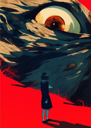 Giant Eye Monster: A Haunting Illustration - Premium Wooden Framed Poster. Ready to Hang.