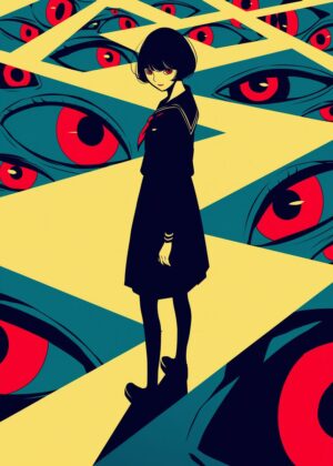 Anime Girl Amidst Watching Eyes - Premium Wooden Framed Poster. Ready to Hang.
