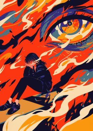 Girl in Flames: A Vibrant Artwork of Emotion and Power - Premium Wooden Framed Poster. Ready to Hang.