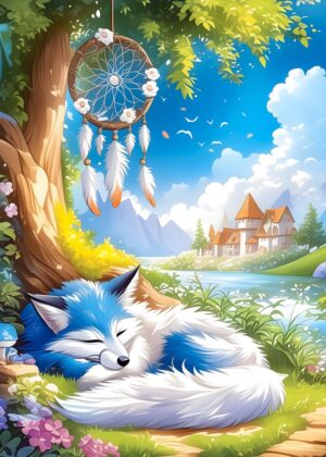 Sleeping Fox Dreamcatcher: A Whimsical Fantasy Art Print - Premium Wooden Framed Poster. Ready to Hang.
