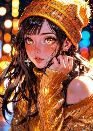 Golden Glow of Winter Dreams: Anime Girl Art Print - Premium Wooden Framed Poster. Ready to Hang.