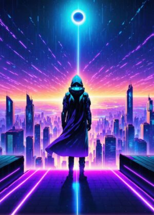 Rainy Cyberpunk Cityscape: Neon Dreams - Premium Wooden Framed Poster. Ready to Hang.