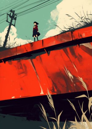 Girl on Red Roof: A Moment of Solitude - Premium Wooden Framed Poster. Ready to Hang.