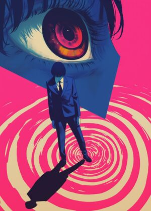 Anime Eye and Man: A Psychedelic Artwork - Premium Wooden Framed Poster. Ready to Hang.