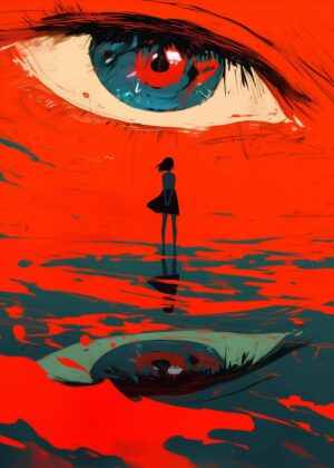 Giant Eye and Girl: A Surreal Encounter - Premium Wooden Framed Poster. Ready to Hang.