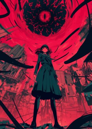 Anime Girl Confronts Giant Eye in Post-Apocalyptic Cityscape - Premium Wooden Framed Poster. Ready to Hang.