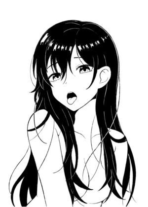 Anime Girl with Long Black Hair: A Stylish Black and White Illustration - Premium Wooden Framed Poster. Ready to Hang.