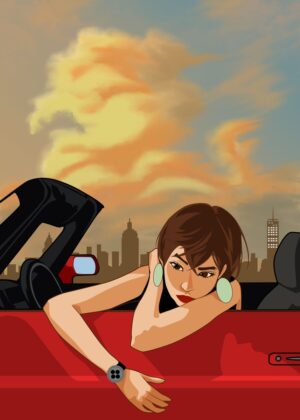 Anime City Girl Sunset Drive - Premium Wooden Framed Poster. Ready to Hang.