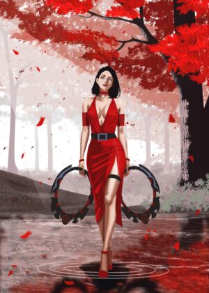 Red Dress Warrior: Digital Art Print - Premium Wooden Framed Poster. Ready to Hang.