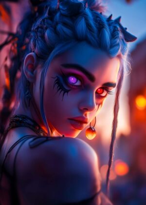 Cyberpunk Woman with Glowing Eyes: Digital Art Print - Premium Wooden Framed Poster. Ready to Hang.