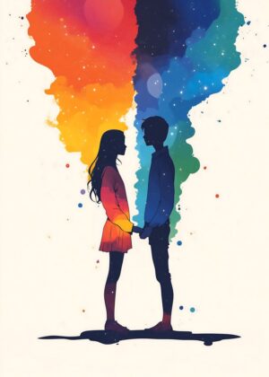 Watercolor Galaxy Couple Art Print - Premium Wooden Framed Poster. Ready to Hang.