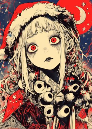 Creepy Cute Christmas Anime Girl Art Print - Premium Wooden Framed Poster. Ready to Hang.