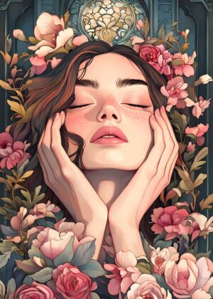 Floral Embrace: A Serene Woman Amidst Blossoms - Premium Wooden Framed Poster. Ready to Hang.