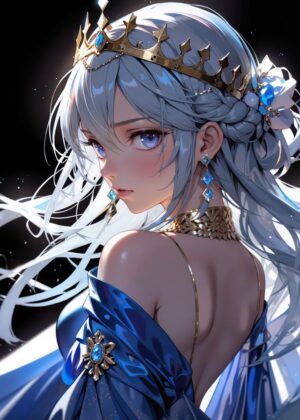 Anime Princess in Elegant Blue Gown - Premium Wooden Framed Poster. Ready to Hang.