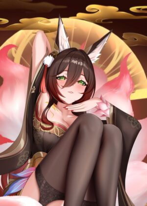 Kitsune Girl in Kimono: Anime Art Print - Premium Wooden Framed Poster. Ready to Hang.