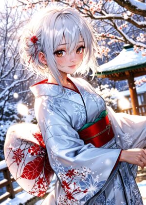 Elegant Winter Kimono: Serene Snowy Scene - Premium Wooden Framed Poster. Ready to Hang.
