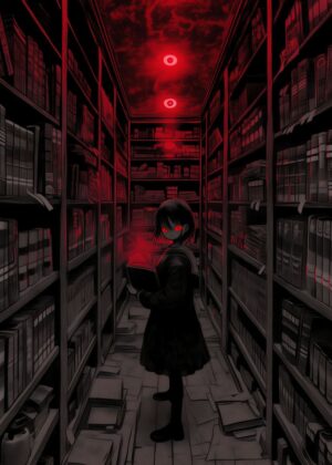 Mysterious Girl in a Crimson Library - Premium Wooden Framed Poster. Ready to Hang.